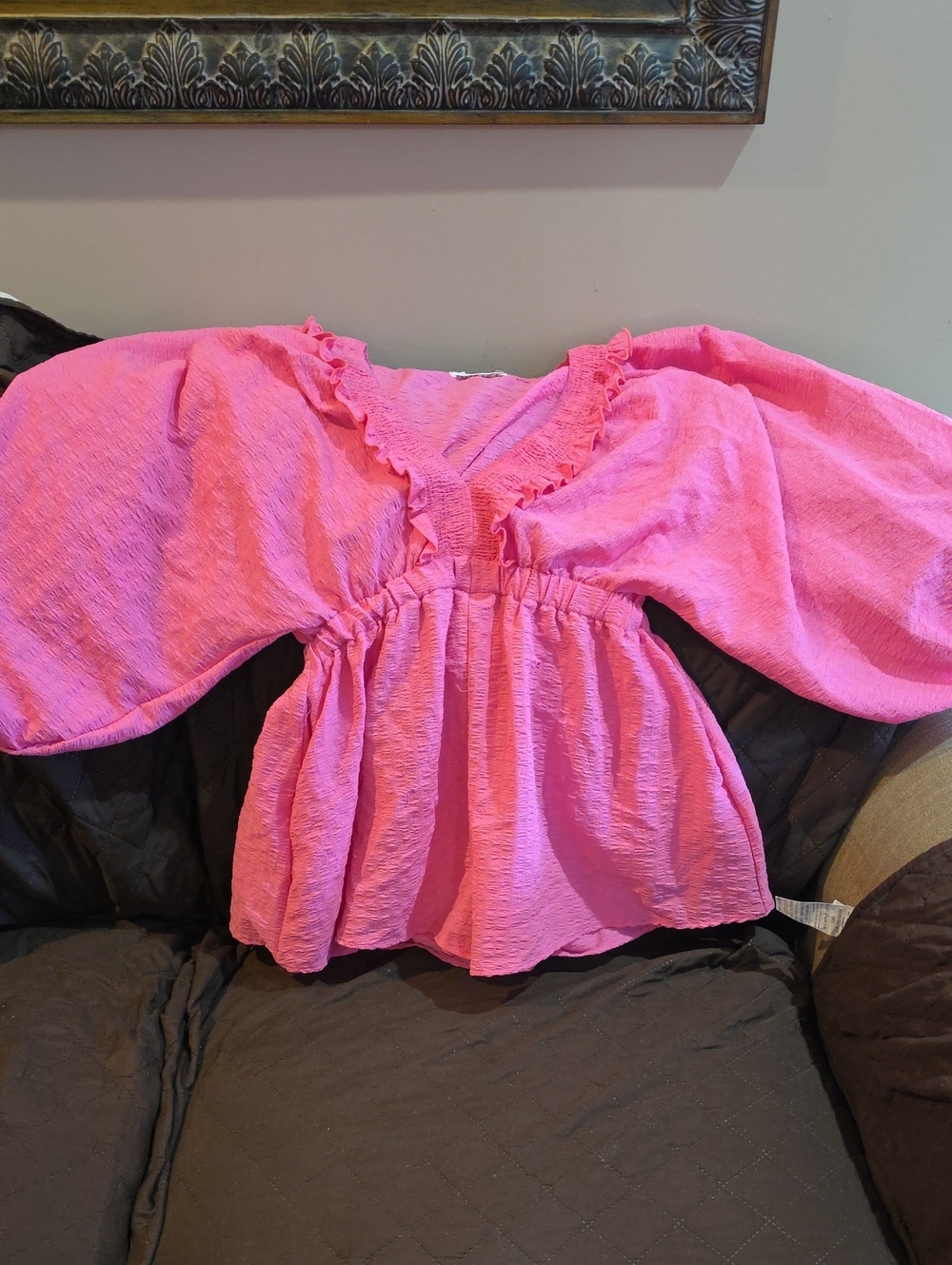 Bucket List Pink Puff-Sleeve Peplum Top